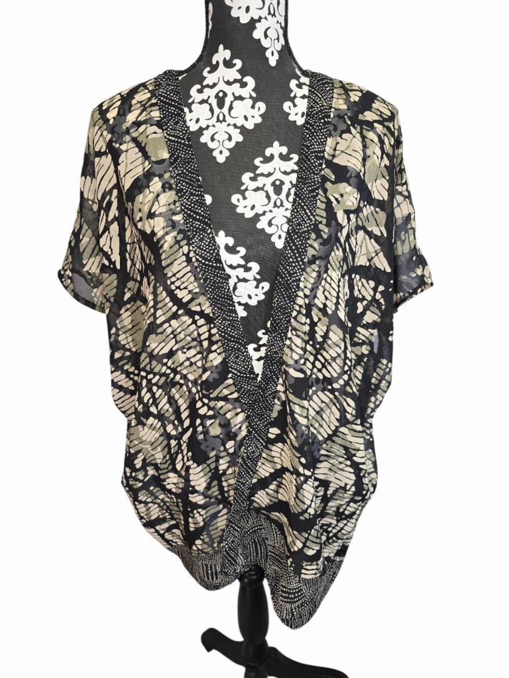 Angie Sheer Medium Kimono Open Butterfly Leaf Print Black & Beige